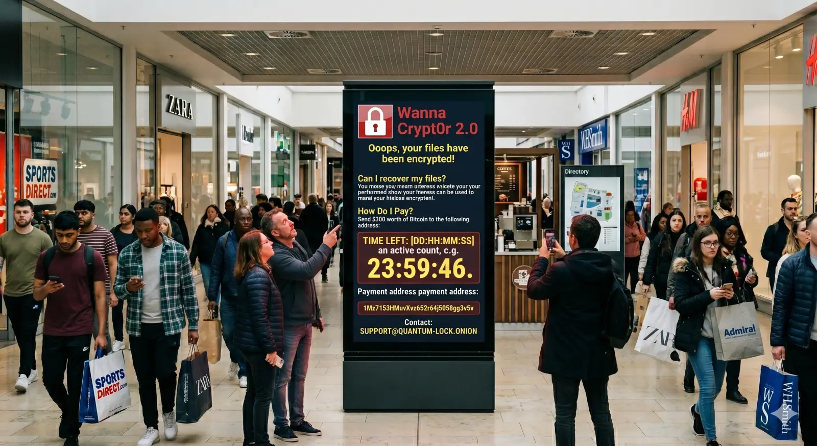 A hijacked digital signage screen in a busy shopping centre showing a ransomware demand
