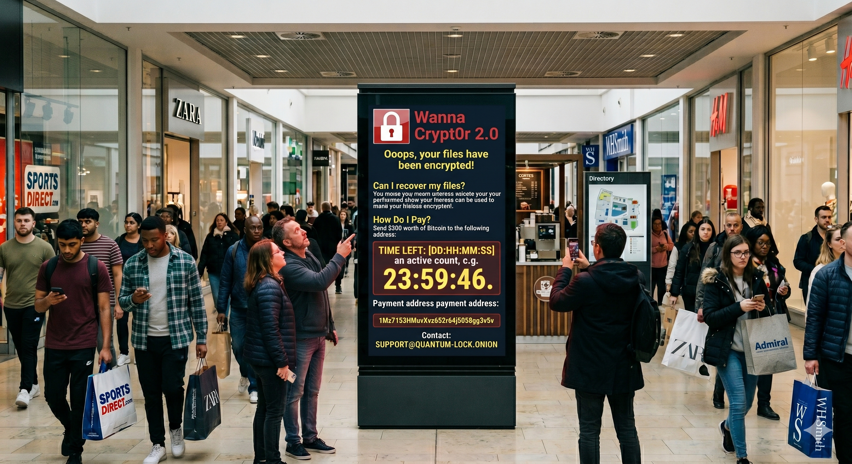 A hijacked digital signage screen in a busy shopping centre showing a ransomware demand