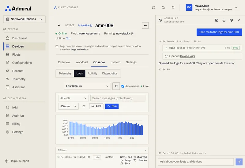 AdmiralAI panel opening the logs page for a device from a chat request